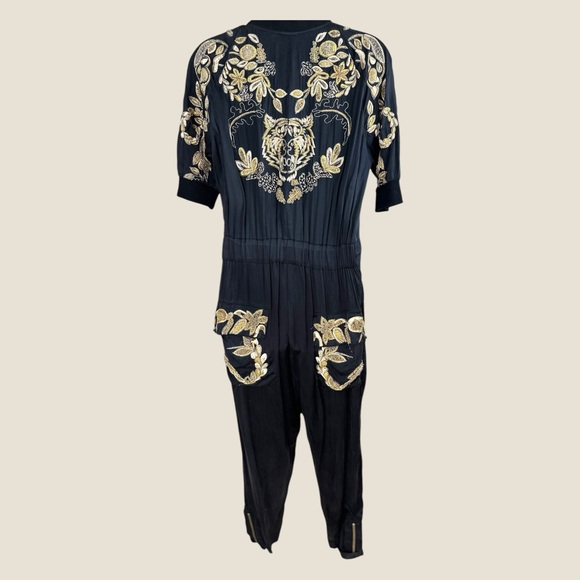 Ginebra Prive black‎ silk w gold metal embroidered accents, cinch waist jumpsuit - Picture 2 of 16